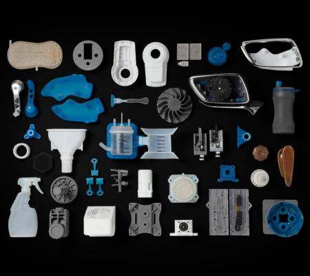 Multiple 3D printed parts in a range of materials on display